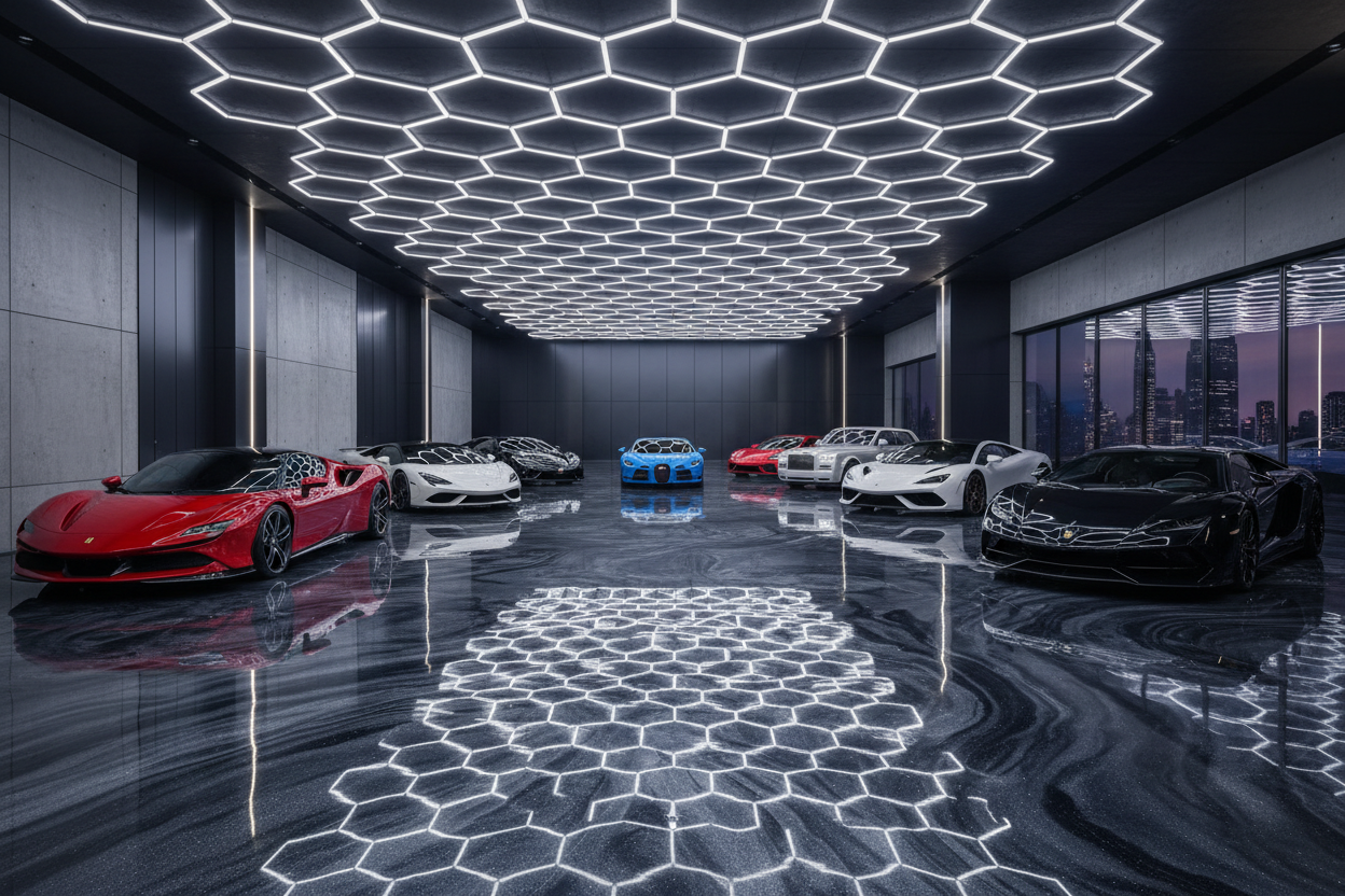 Fleet of luxury cars in luxury garage with insane resin floor and hexagon lights 